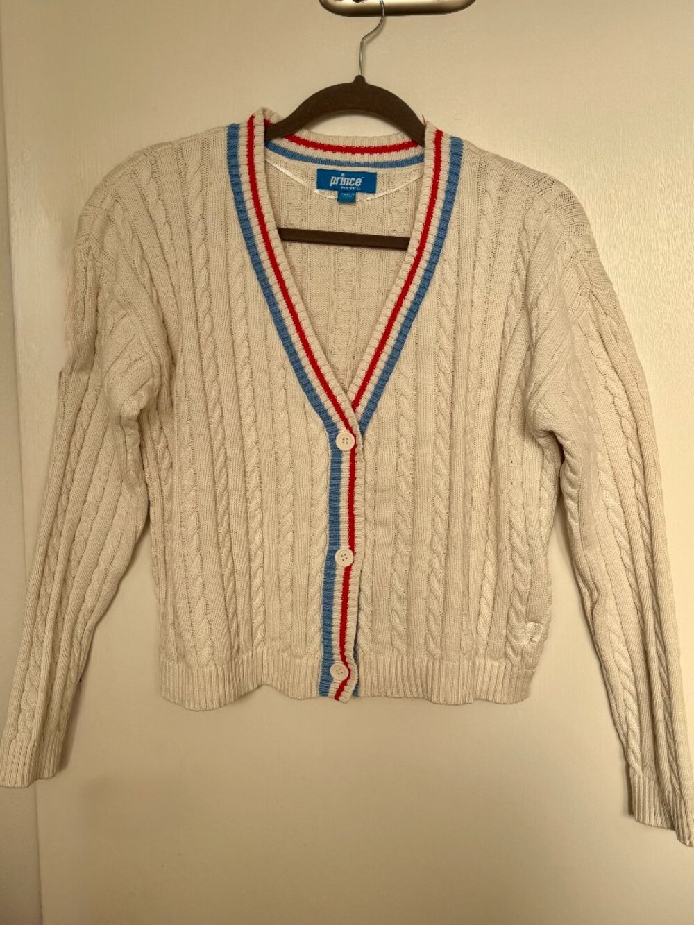 Prince | Pickleball Cream Cable Knit V-Neck Cardigan Red Blue Trim | L